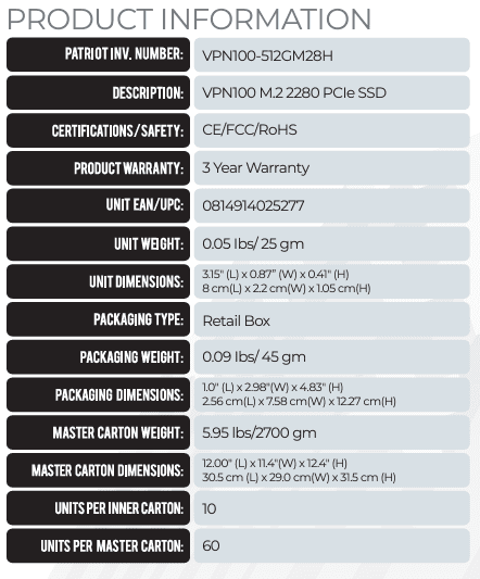 Patriot Viper VPN100 512GB M.2 Nvme With Heatsink Internal Solid State Drive SSD
