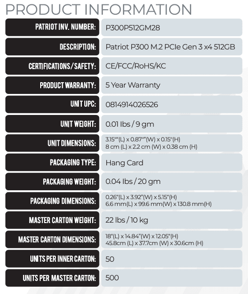Patriot P300 512Gb 9SE00085-P300P512GM28 M.2 Nvme Internal Solid State Drive SSD