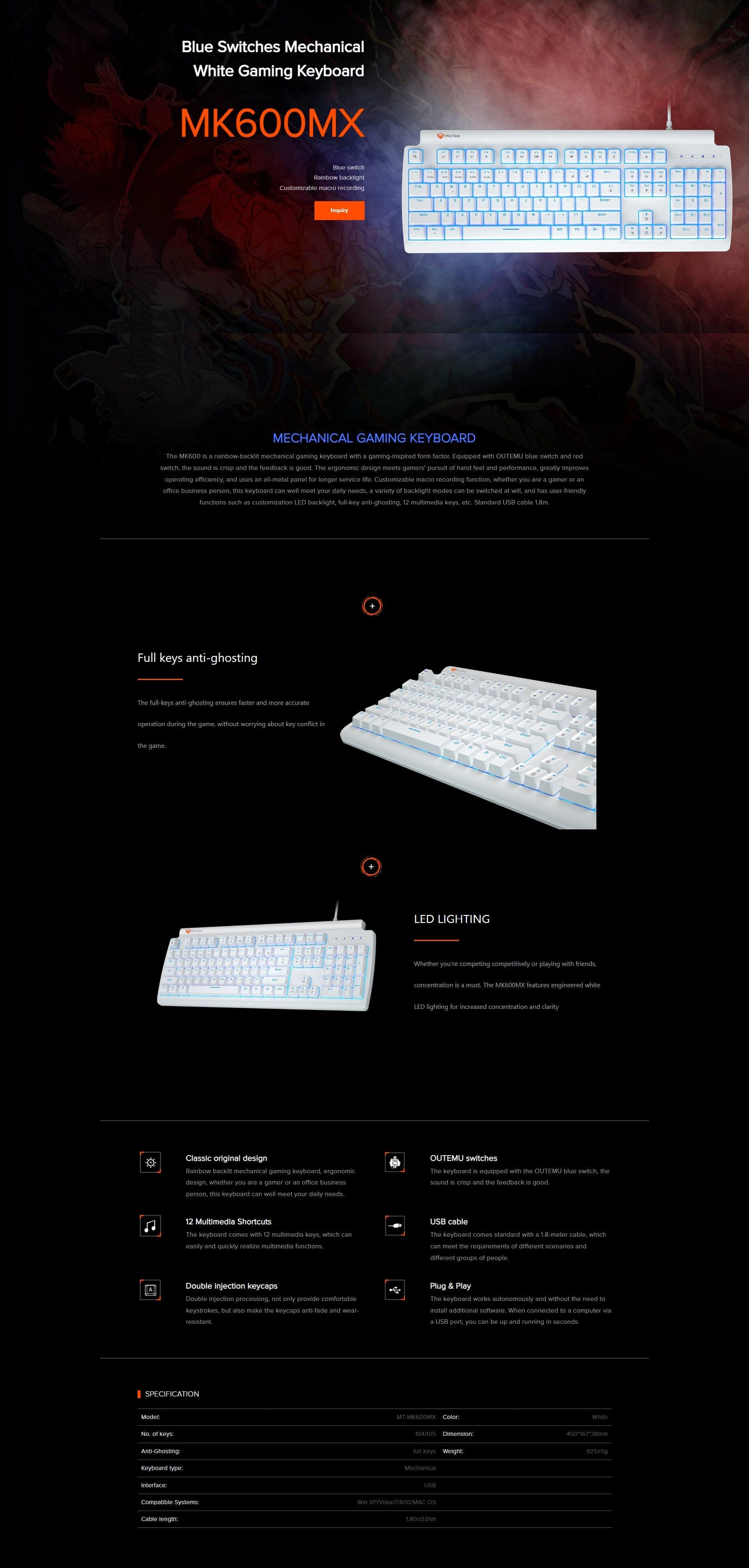 MK600MX Blue switch Arabic Mechanical Rainbow White