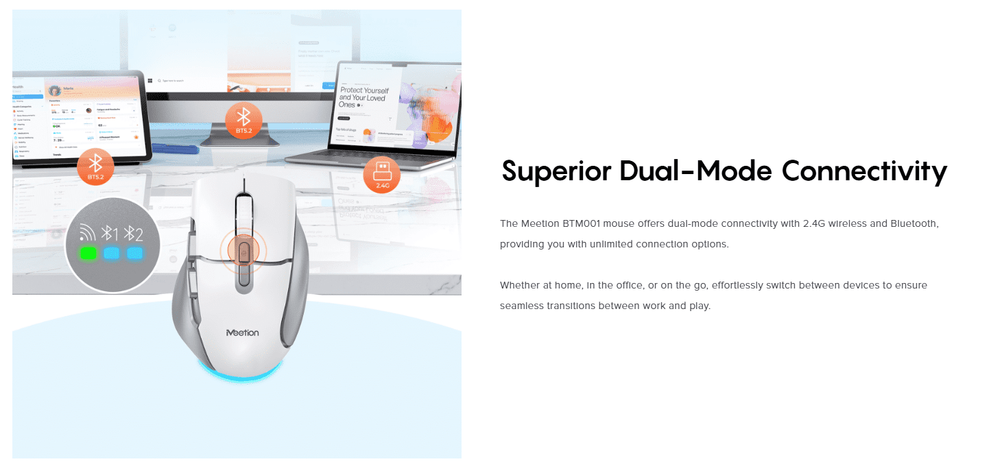 Meetion BTM001 Ergonomic Rechargeable Wireless And Bluetooth Mouse
