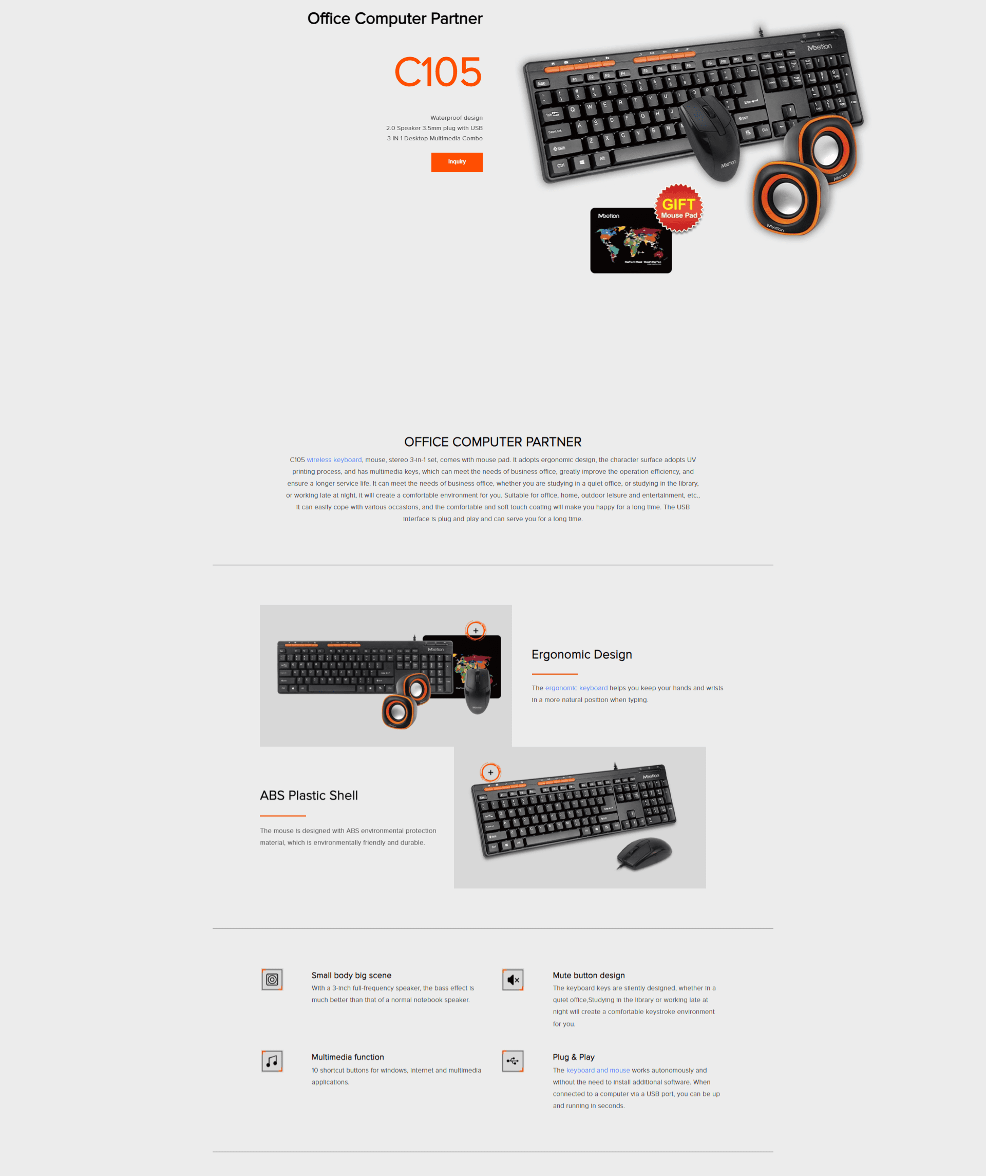 Meetion C105 3 In1 Keyboard & Mouse & Speaker & free mouse pad Office Combo