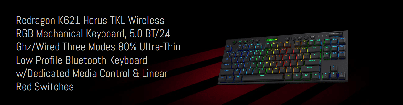Redragon Horus TKL K621 Red Switch Chrome RGB Bluetooth Wireless Mechanical Gaming Keyboard