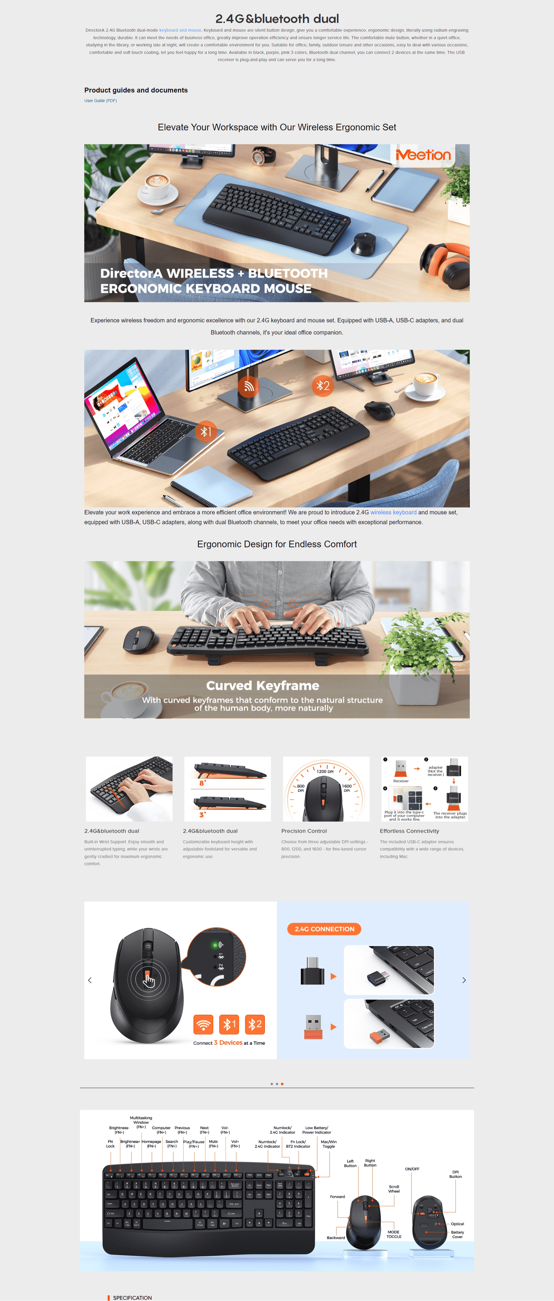 Meetion Director A Wireless And Bluetooth Dual Mode Ergonomic Keyboard And Mouse Combo