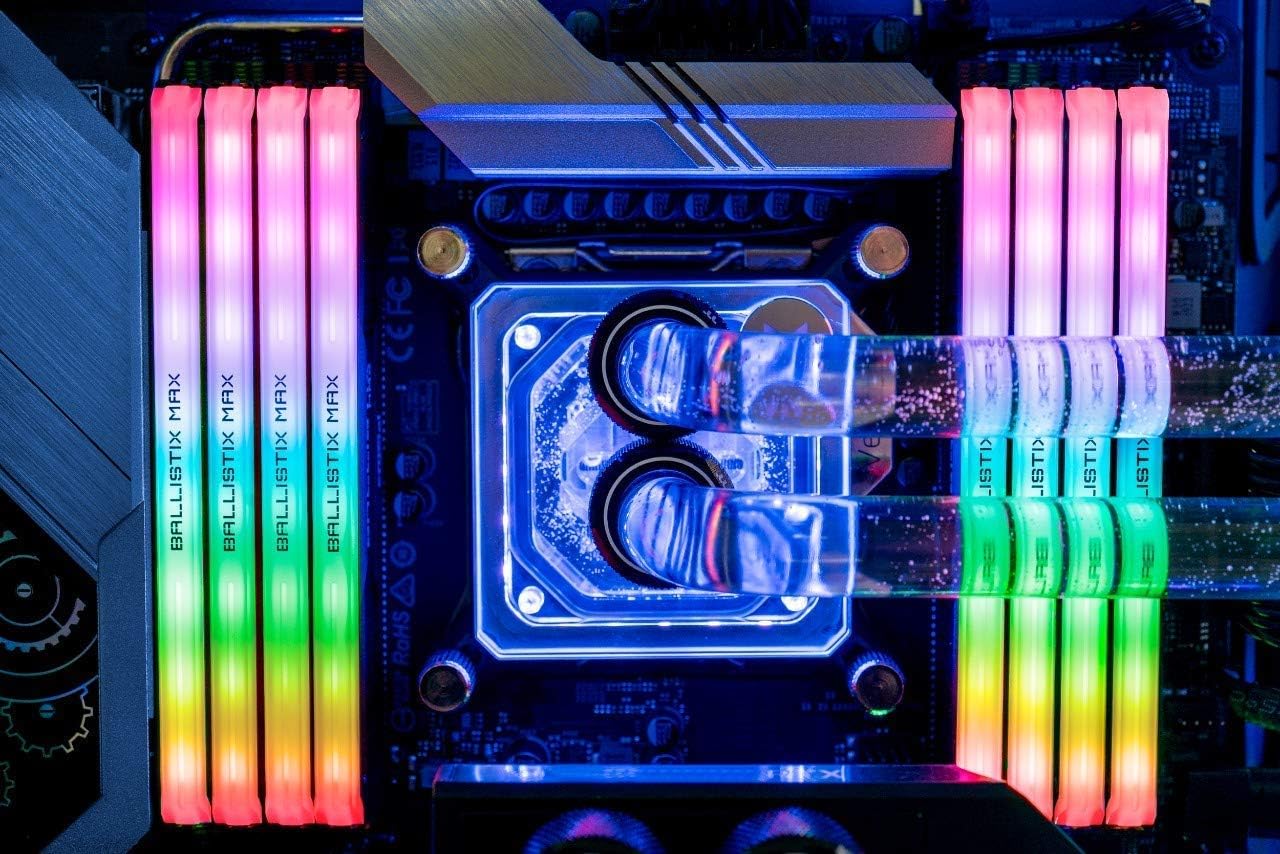 Crucial Ballistix MAX RGB DDR4 memory kit profile view showing aluminum heat spreader and RGB diffuser