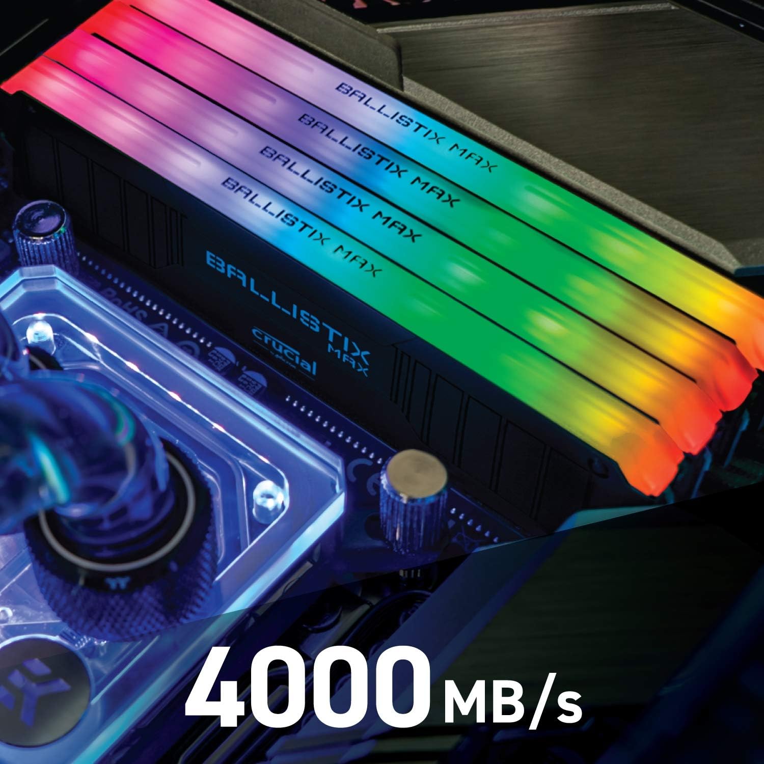 Crucial Ballistix MAX RGB 32GB DDR4 4000MHz memory kit with matte black heat spreader and RGB lighting
