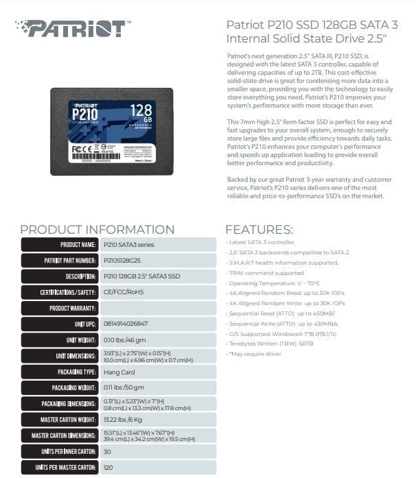 Patriot P210 128Gb Internal Solid State Drive SSD