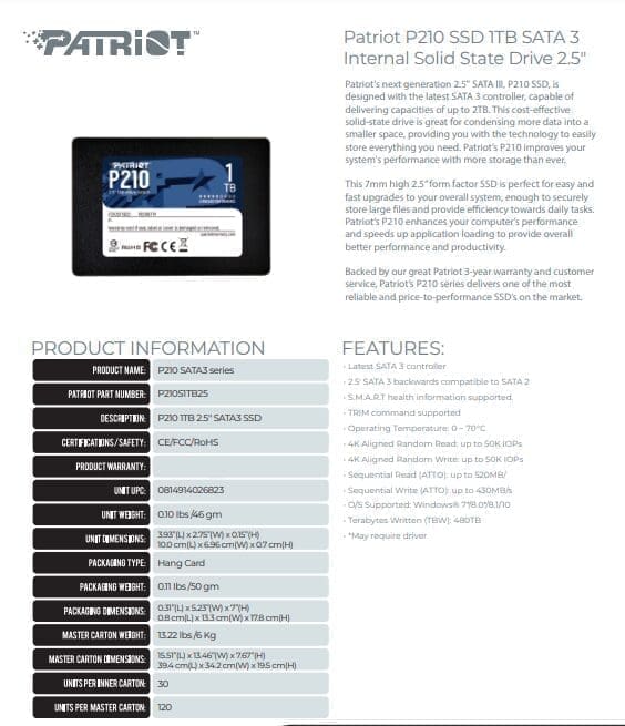 Patriot P210 1Tb Internal Solid State Drive SSD Patriot P210 1Tb Internal Solid State Drive SSD