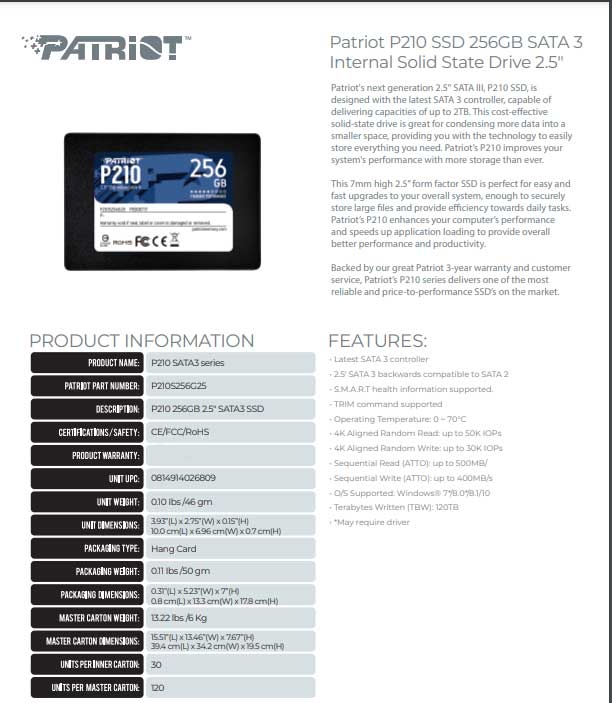 Patriot P210 256Gb Internal Solid State Drive SSD