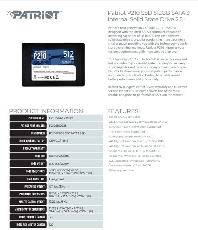 Patriot P210 512Gb Internal Solid State Drive SSD