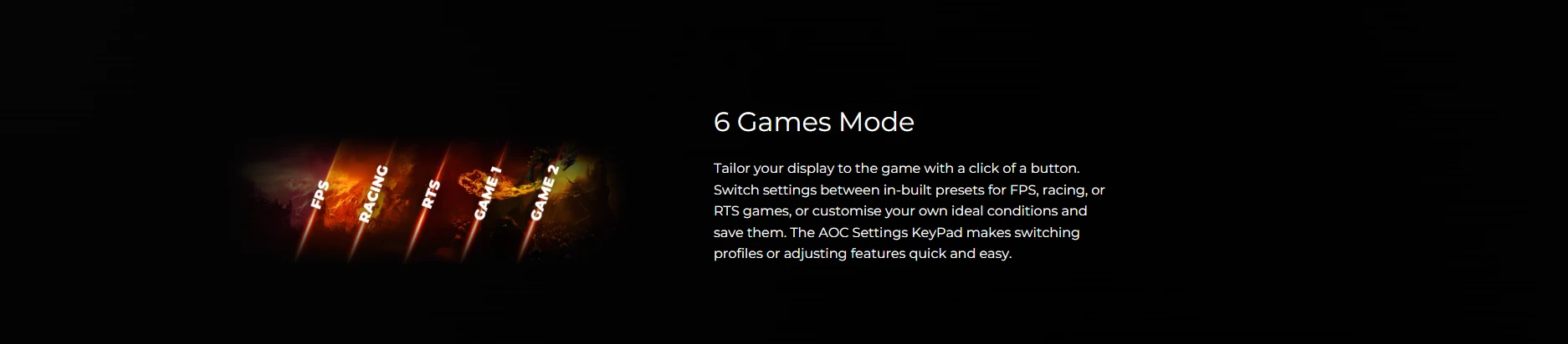 AOC 6 Games Mode with FPS, Racing, RTS presets and Settings KeyPad