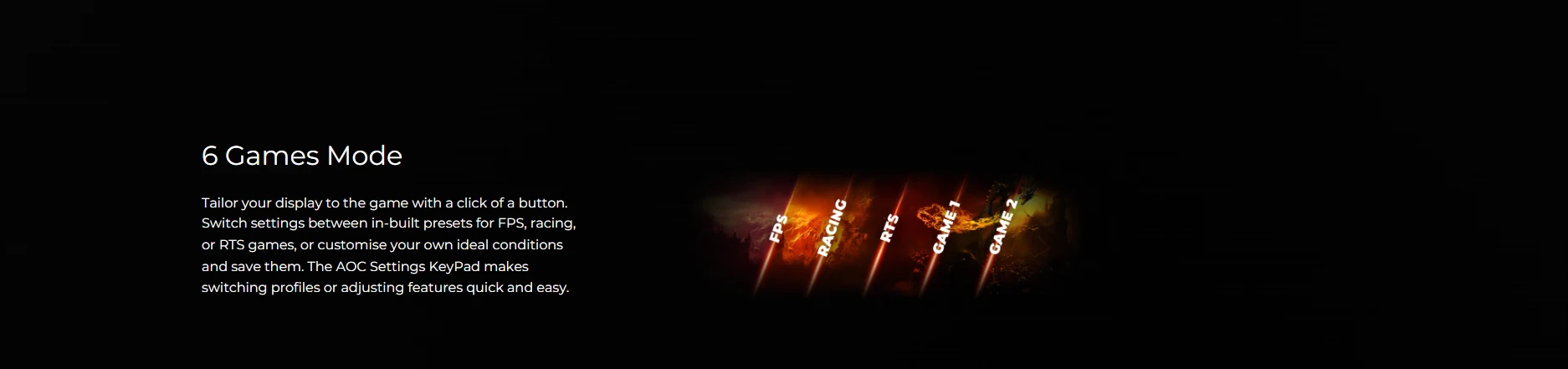 AOC 6 Games Mode with FPS, Racing, RTS presets and Settings KeyPad