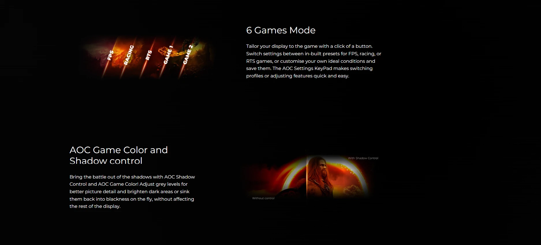 AOC C27G2 6 Games Mode presets and Shadow Control features