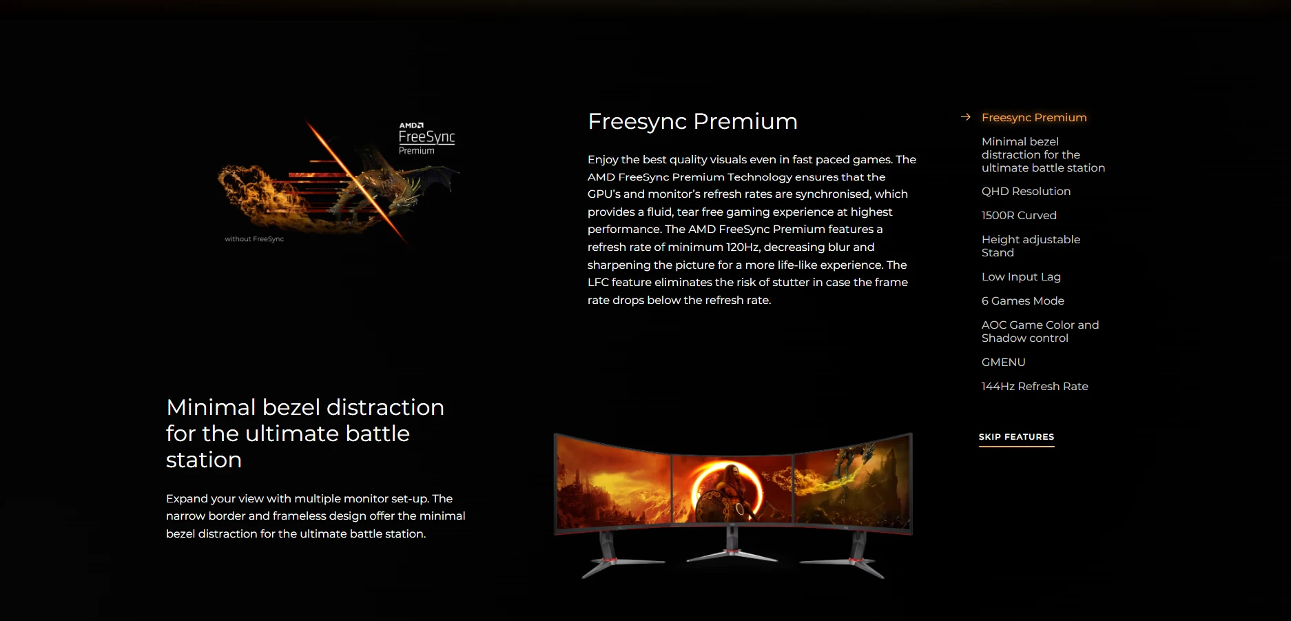 AOC CQ27G2 27-inch QHD curved gaming monitor with 144Hz, FreeSync Premium, and minimal bezel design