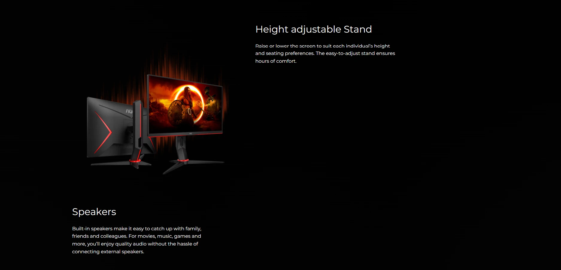 AOC gaming monitor with height-adjustable stand and built-in speakers