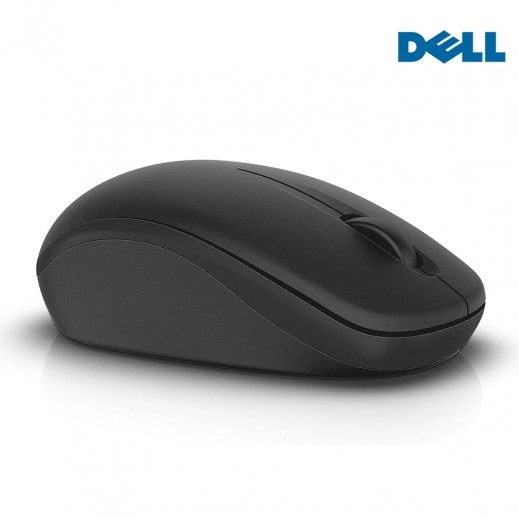 Black Dell wireless mouse with scroll wheel and two main buttons