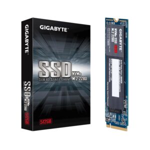 Gigabyte GP-GSM2NE3512GNTD 512GB NVMe SSD beside retail box