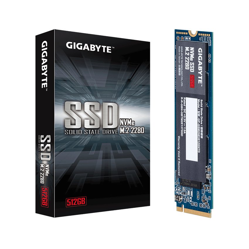 Gigabyte GP-GSM2NE3512GNTD 512GB NVMe SSD beside retail box