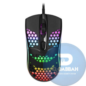 Black HP S600 wired gaming mouse with illuminated honeycomb shell and DPI button