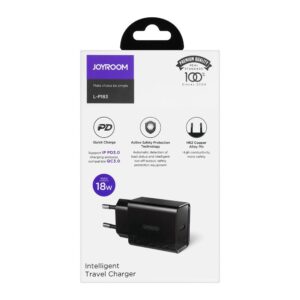 Joyroom L-P183 black 18W Type-C Power Delivery travel charger shown with its retail packaging; included Lightning cable is not shown