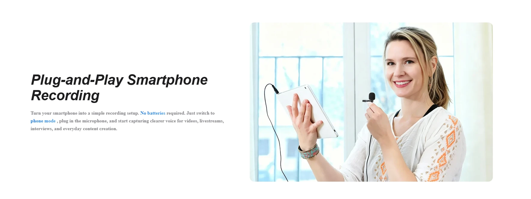 BOYA BY-M1 plug-and-play smartphone recording with no battery required