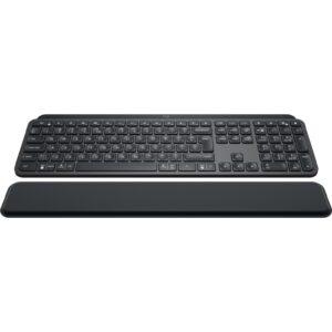 Logitech MX Keys Plus wireless illuminated keyboard and palm rest, angled view