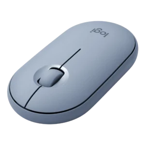 Logitech Pebble M350 wireless mouse in Blue Grey, top angled view