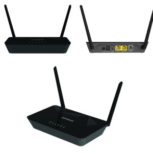 NETGEAR D1500 N300 ADSL2+ modem router showing front, rear, and angled views