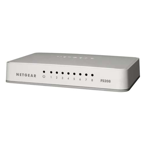 NETGEAR FS208 unmanaged 8-port Fast Ethernet switch with front-panel status indicators