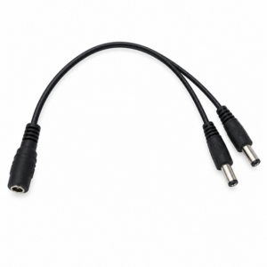One-to-two DC power splitter cable with one input and two output plugs for compatible CCTV power distribution