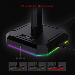Redragon HA300 headset stand showing its RGB lighting modes and control button