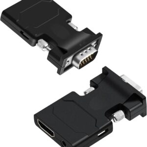 Detail view of a generic VGA to HDMI converter with audio and USB power connections