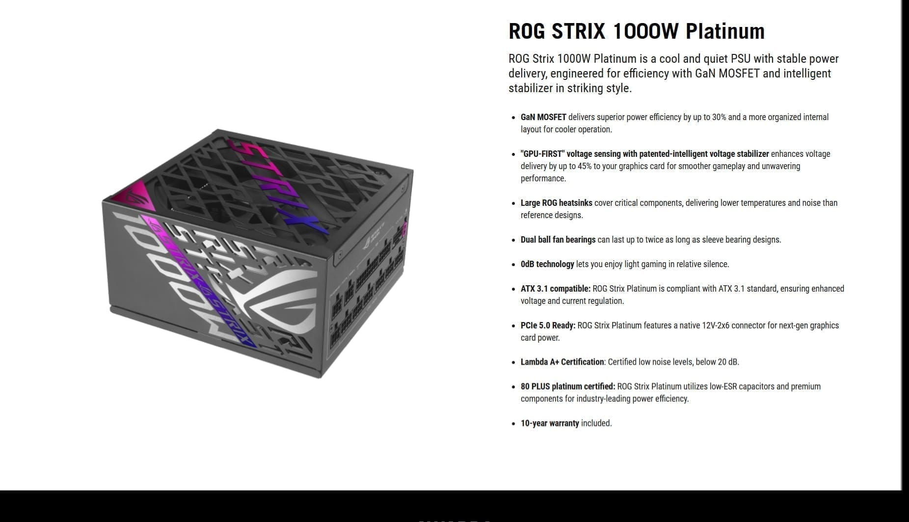 Asus Rog Strix 1000P 1000W 80 Plus Platinum Atx 3.1 Fully Modular Power Supply