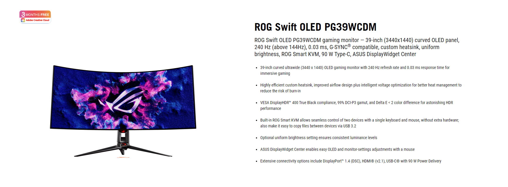 Asus ROG Swift PG39WCDM 39 Inch 240Hz 0.03ms 3440x1440 WOLED Gaming Monitor