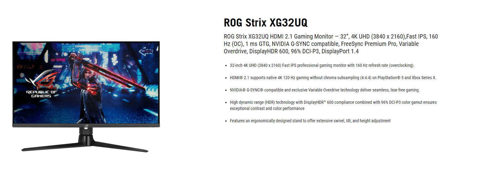 Asus ROG Strix XG32UQ 32 Inch 160Hz 1ms 3840x2160 Fast IPS Gaming Monitor