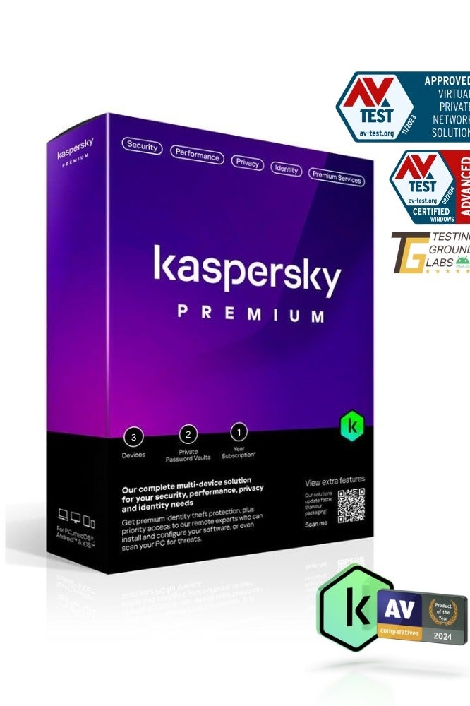 Kaspersky Premium Total Security software box for 3 devices and a 1-year subscription