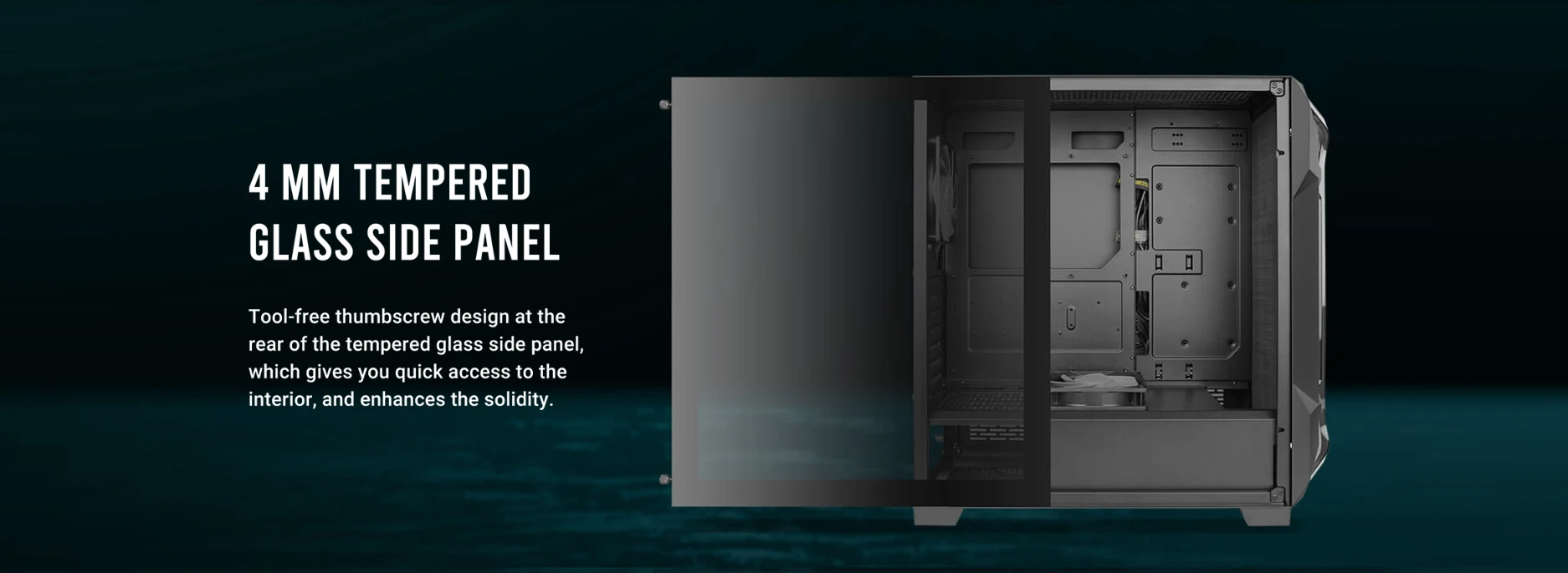 Antec DF600 FLUX 4mm tempered glass side panel with tool-free thumbscrew for easy access