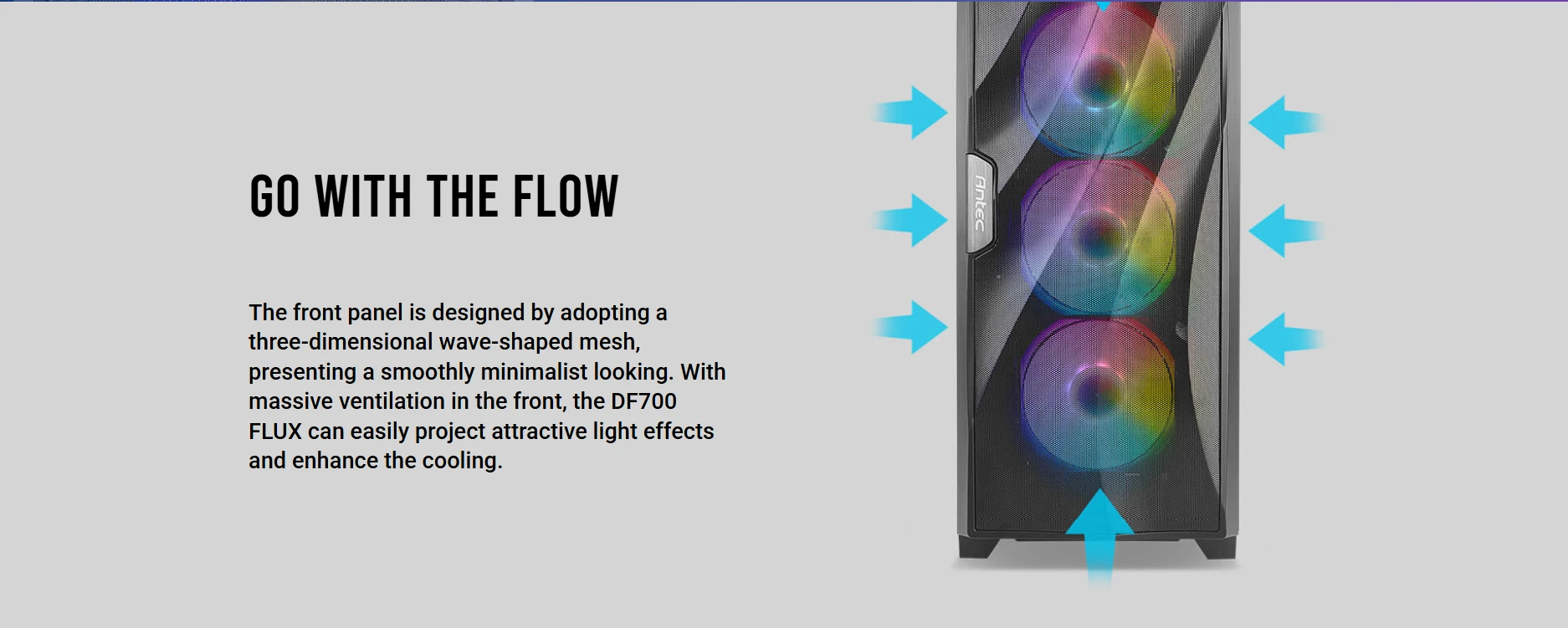 Antec DF700 FLUX 3D wave mesh front panel with massive ventilation and sleek minimalist design