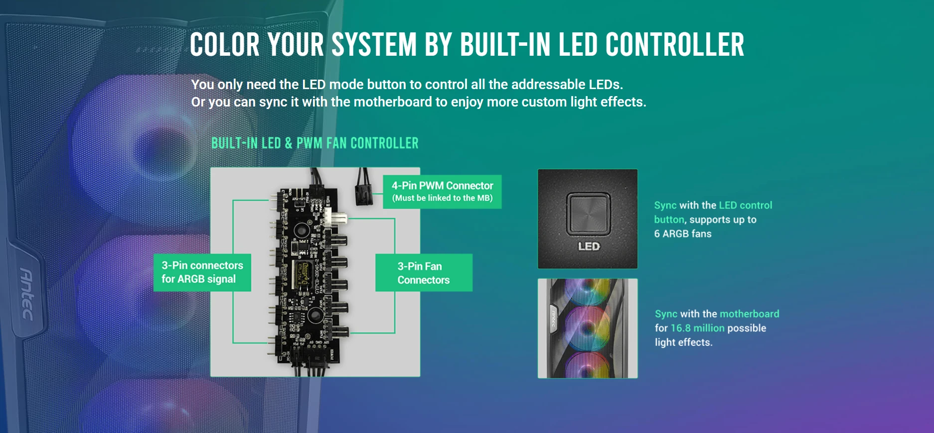 Antec DF700 FLUX built-in ARGB LED controller with motherboard sync for customizable lighting