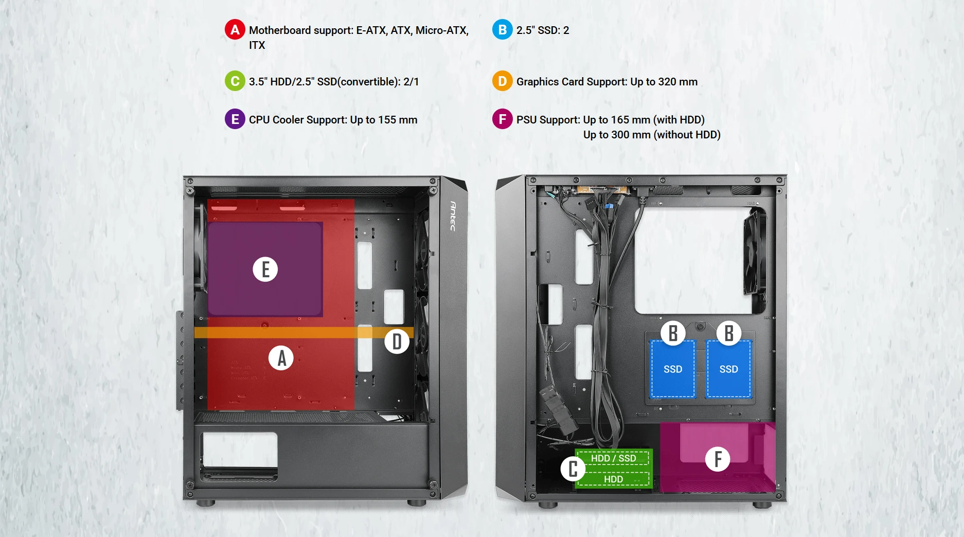 Antec NX292 ARGB hardware compatibility including E-ATX motherboard, 320mm GPU, and 155mm CPU cooler clearance