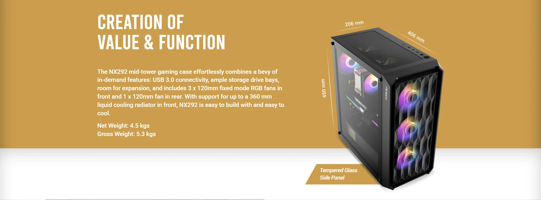 Antec NX292 ARGB mid-tower gaming case with 4 pre-installed ARGB fans and tempered glass side panel
