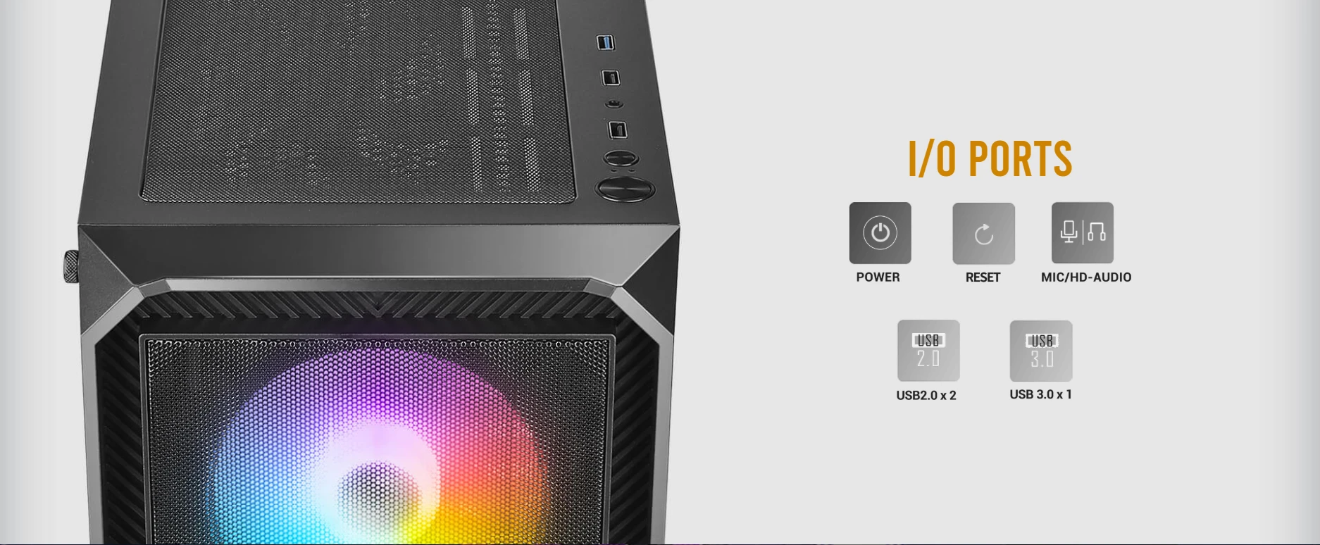 Antec NX292 ARGB top I/O panel with Power, Reset, USB 2.0 x2, USB 3.0 x1, and Headphone/Mic combo jack