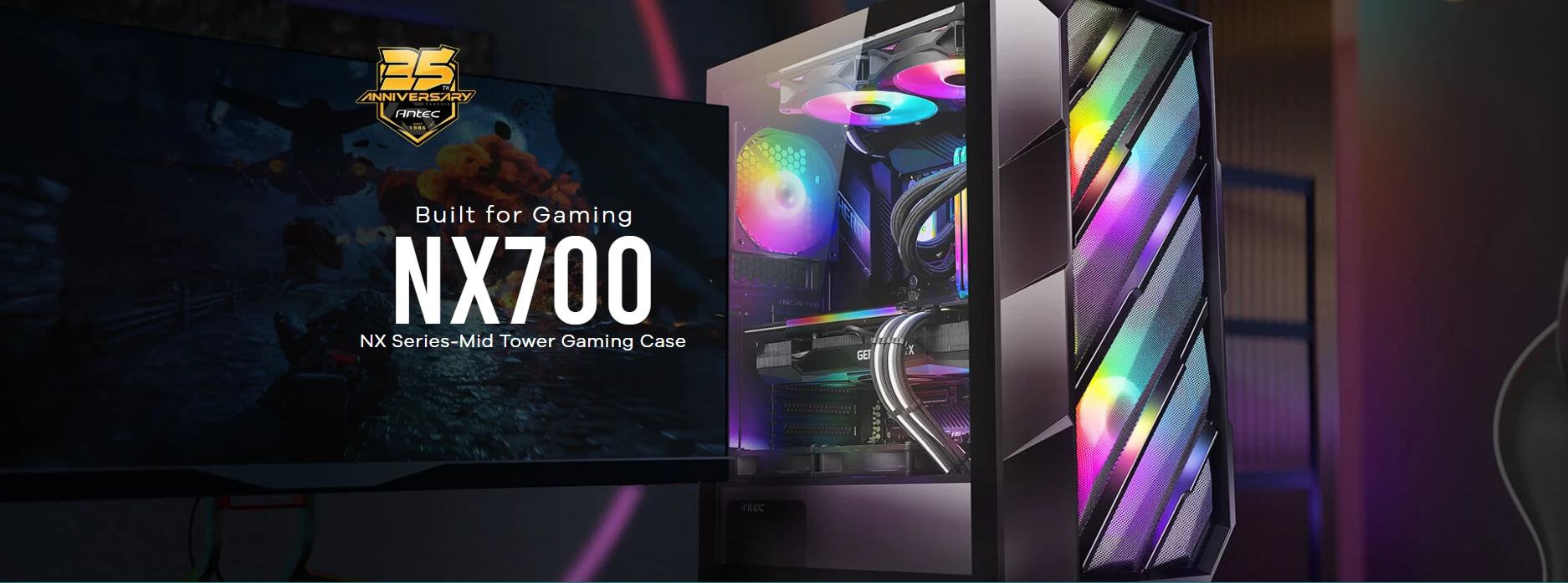 Antec NX700 mid-tower gaming case with RGB lighting, tempered glass side panel, and 3D geometric mesh front