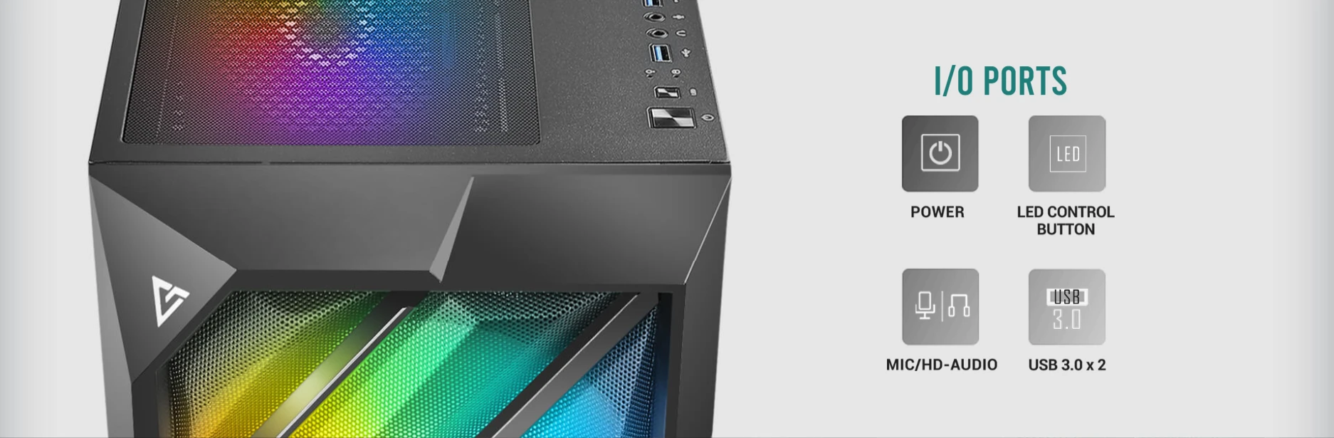 Antec NX700 top I/O panel with Power, LED control, dual USB 3.0, and HD Audio