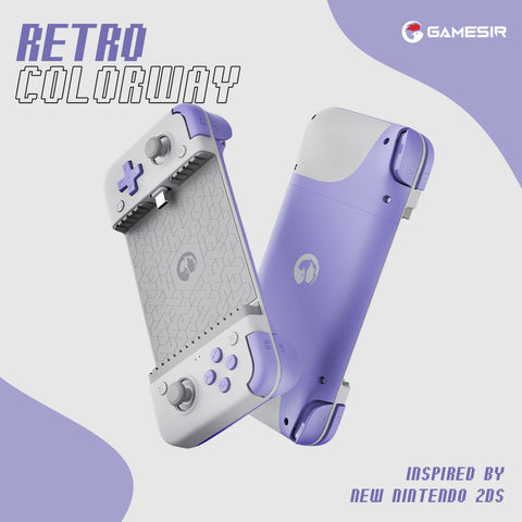 GameSir X2s Type-C mobile controller in white and lavender, shown from the front and back