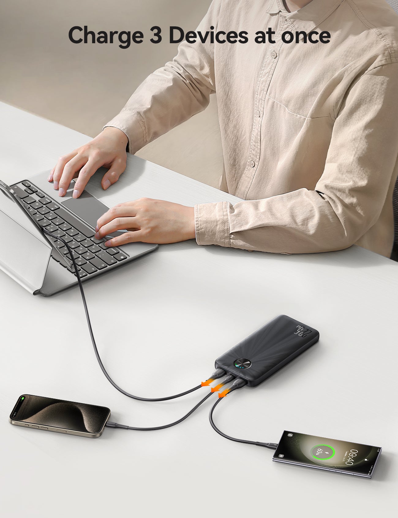 Joyroom JR-PBF15 10000mAh power bank showing USB-A and USB-C ports