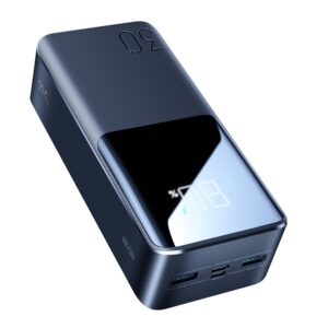 Joyroom JR-QP193 black power bank showing digital display, USB-A outputs, USB-C and micro-USB input ports