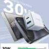 Transparent white Joyroom JR-TCF15 30W wall charger with USB-C and USB-A ports