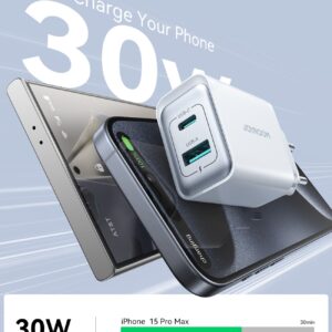 Transparent white Joyroom JR-TCF15 30W wall charger with USB-C and USB-A ports