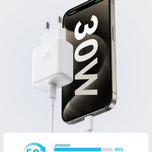 Official Joyroom JR-TCF24 30W white USB-C charger shown charging a compatible smartphone