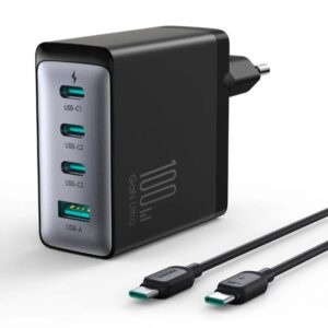 Joyroom JR-TCG04 black 100W GaN charger with three USB-C ports and one USB-A port